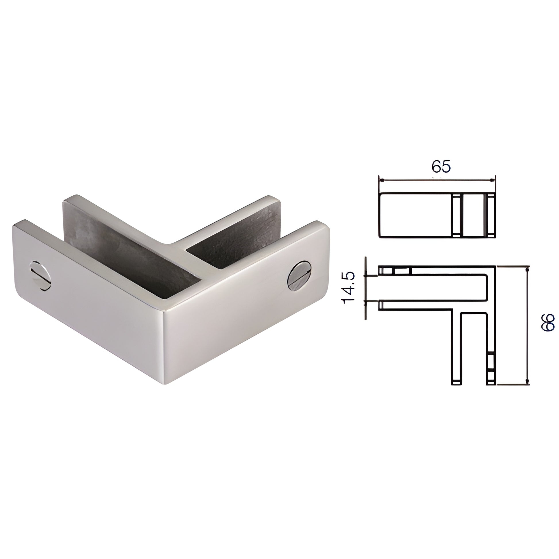 Brushed stainless steel glass bracing corner clamp GBC90BS for 12mm-13.52mm no-drill glass panels.