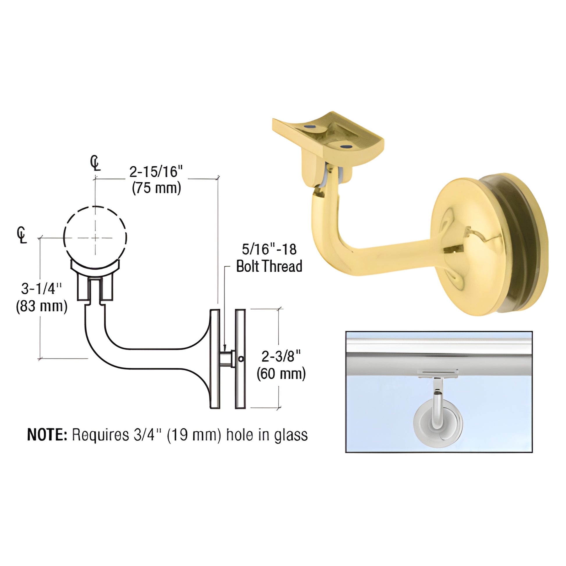HR20GAPB polished brass glass-mounted adjustable handrail bracket for 1.9-2" tubing; 3/4" (19mm) glass hole required.