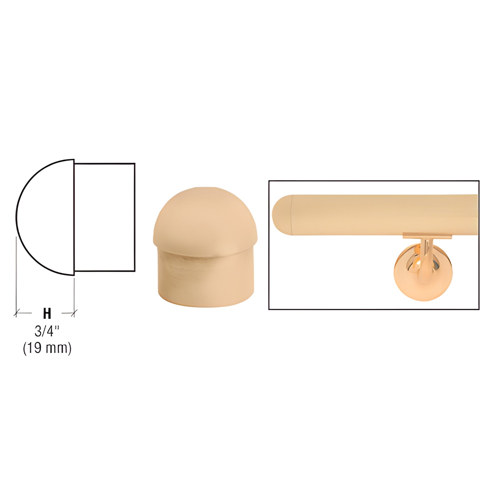 HR15DSB satin brass dome end cap for 1-1/2" round tubing, slip-in design, 3/4" (19 mm) projection.