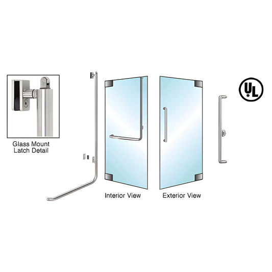 Brushed stainless steel tubular panic handle for 1/2" (13mm) glass doors, interior/exterior views - SKU PA100X3GKBS