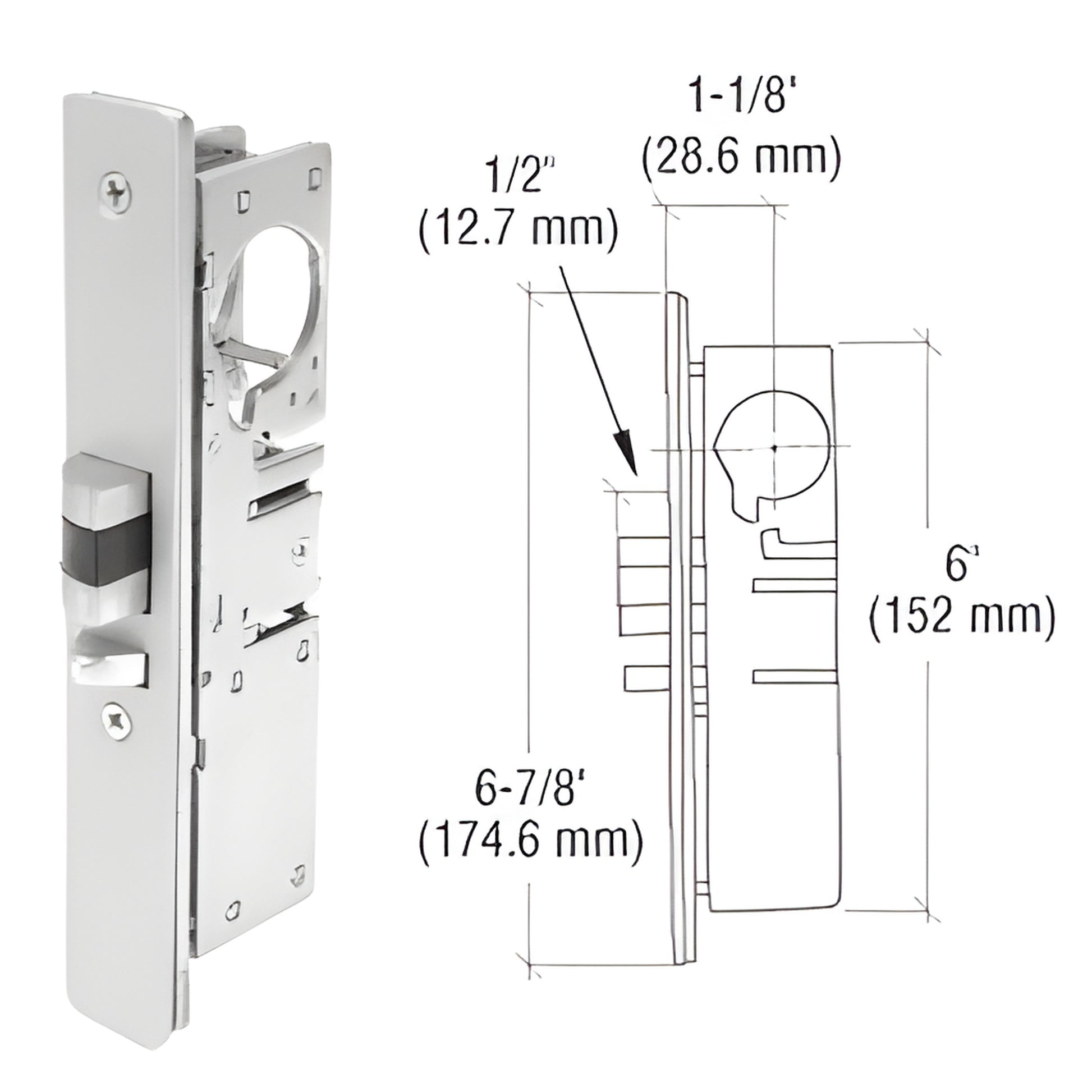 CRL DL2140BLH narrow-stile aluminum door deadlock, steel body, 1/2" throw, 6-7/8" tall, left-hand.