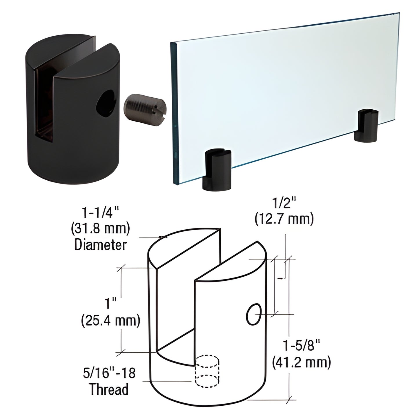 Matte black slot-mount standoff (SKU SM12MBL) for 1/2" glass shelves, stainless steel, 1-1/4" diameter, no-drill.