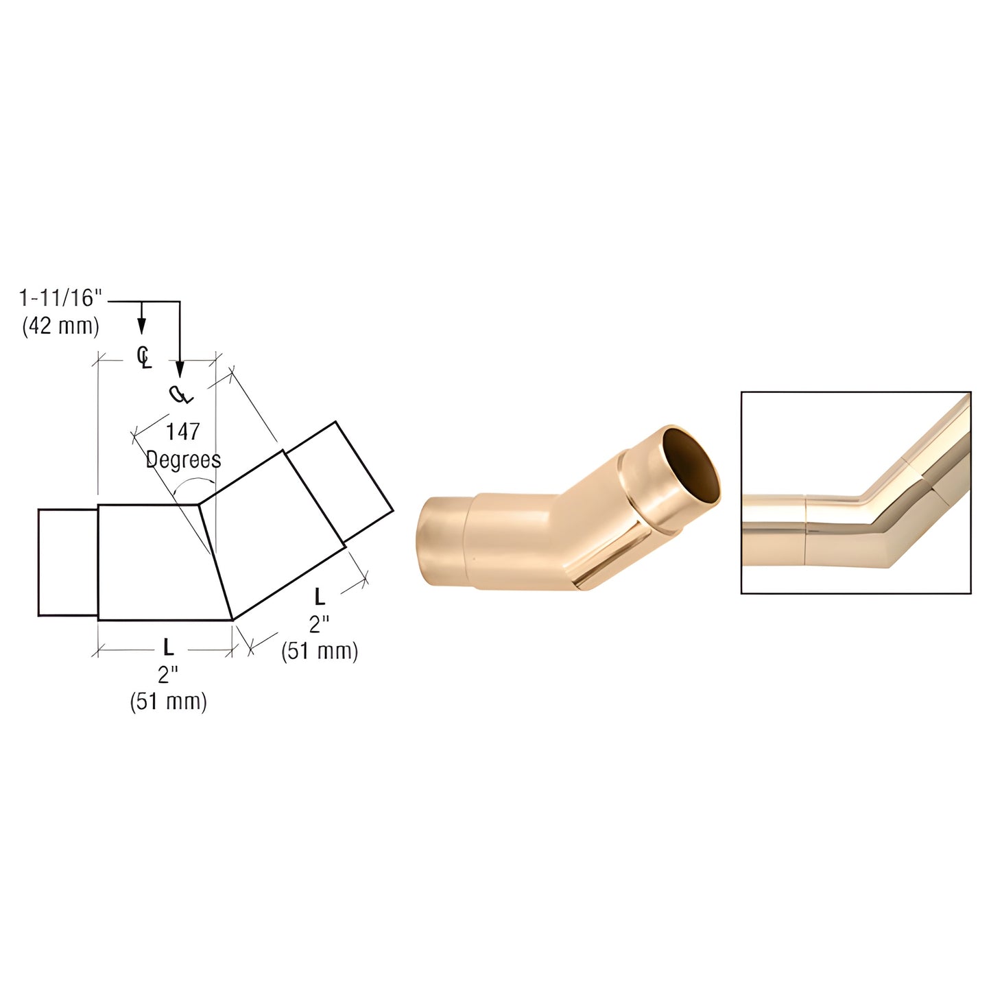 HR20APB polished brass 147 flush angle handrail fitting - slip-in connector for HR20 tubing, 2" insert.