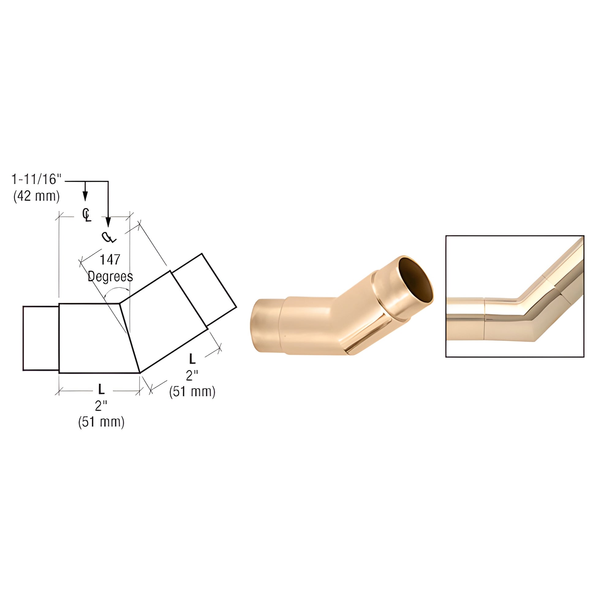 HR20APB polished brass 147 flush angle handrail fitting - slip-in connector for HR20 tubing, 2" insert.
