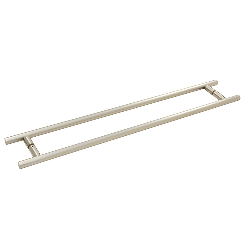 Brushed nickel ladder-style 24 in back-to-back towel bar pull for frameless glass showers, SKU LTB24X24BN