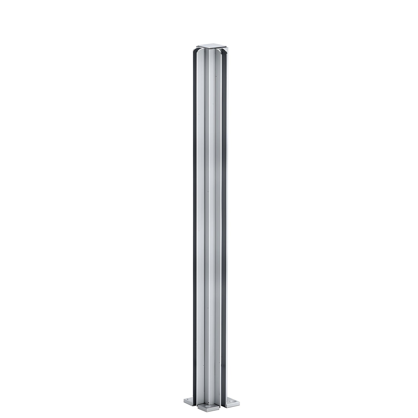 Satin anodized aluminum 24in square corner partition post with U-channels for 1/4" glass, SKU D990A24CR.