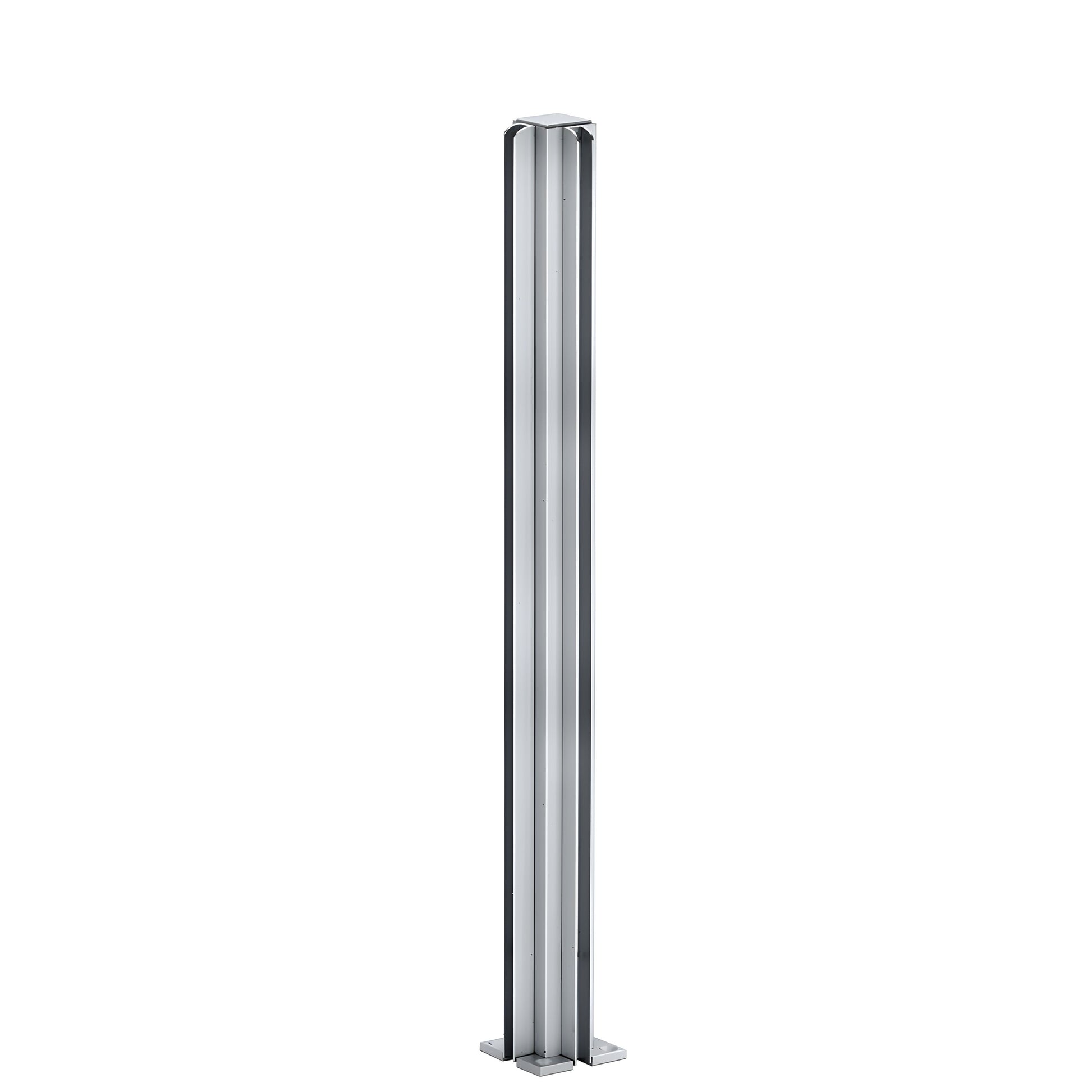 Satin anodized aluminum 24in square corner partition post with U-channels for 1/4" glass, SKU D990A24CR.