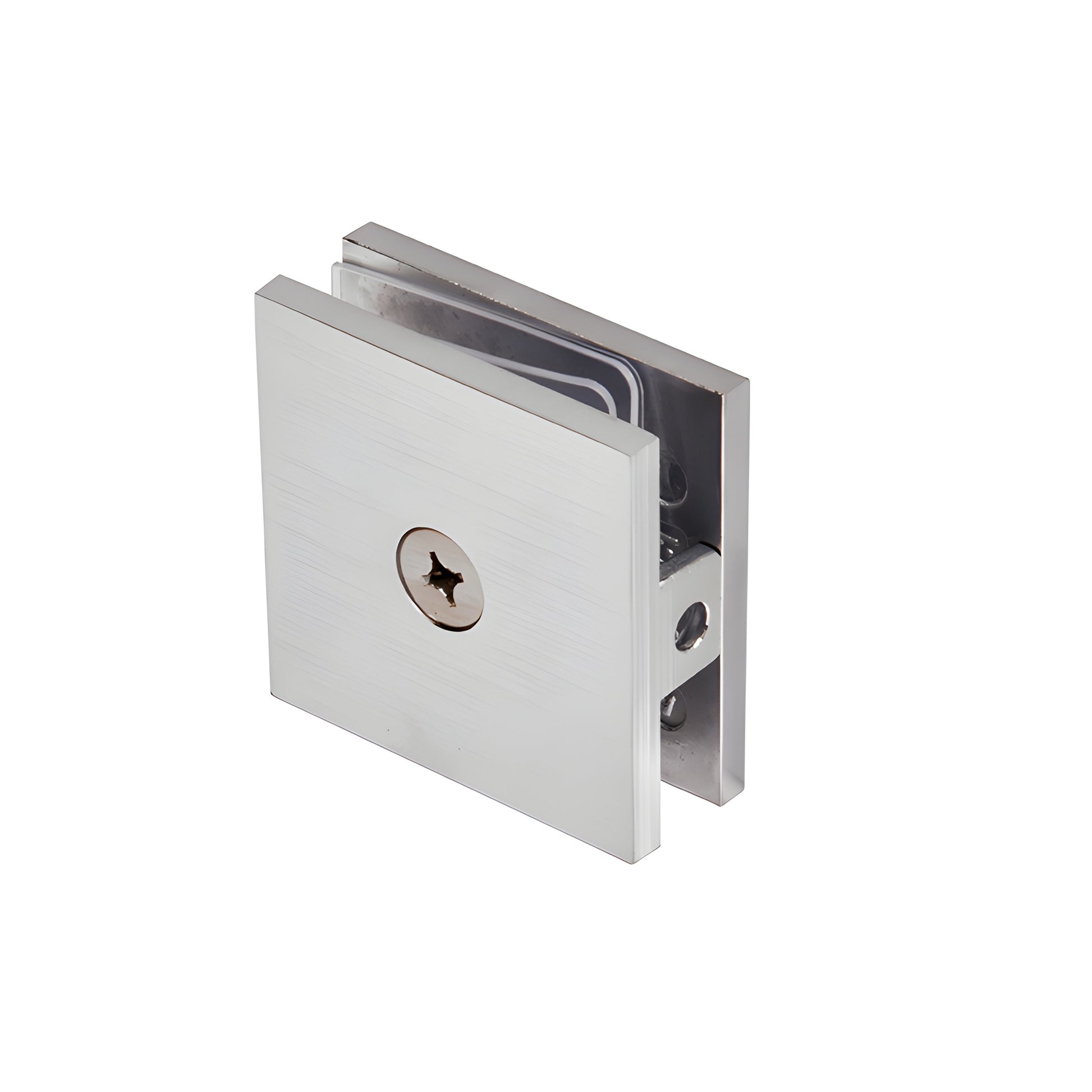 SCU4BCH brushed chrome solid brass square wall-mount clamp for 3/8-1/2 (10-12mm) frameless glass panels.
