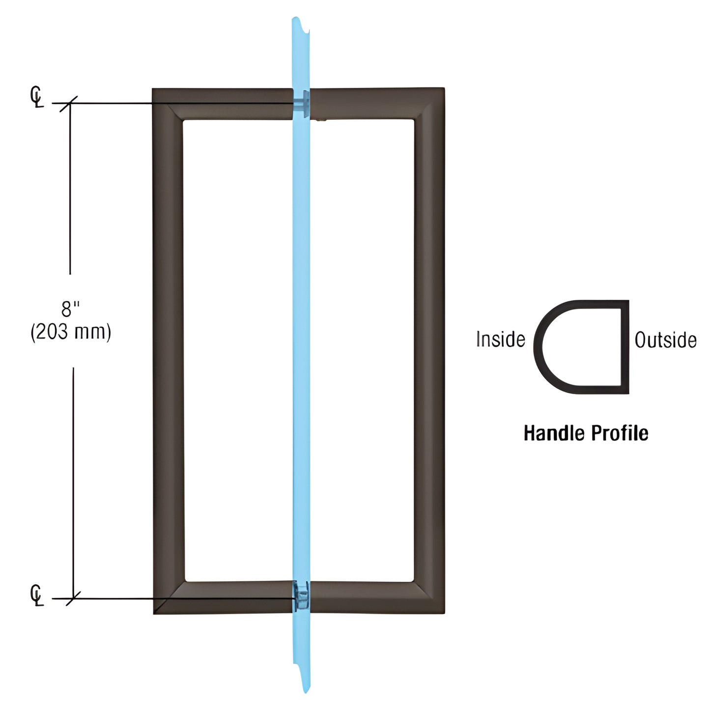 RM8X80RB oil-rubbed bronze back-to-back rectangular shower pull handle, 8" c-c, 3/4" tubular, for 6-12mm glass.