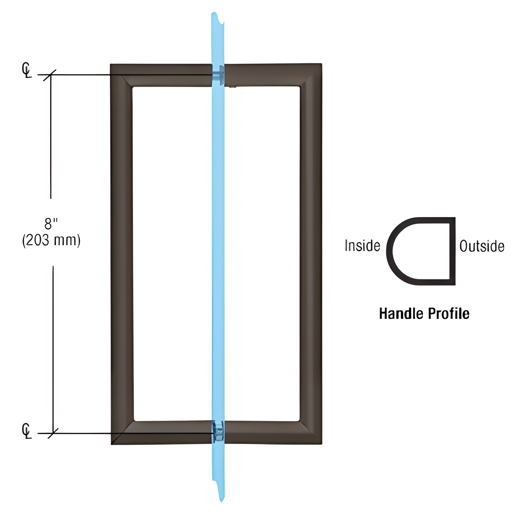 RM8X80RB oil-rubbed bronze back-to-back rectangular shower pull handle, 8" c-c, 3/4" tubular, for 6-12mm glass.