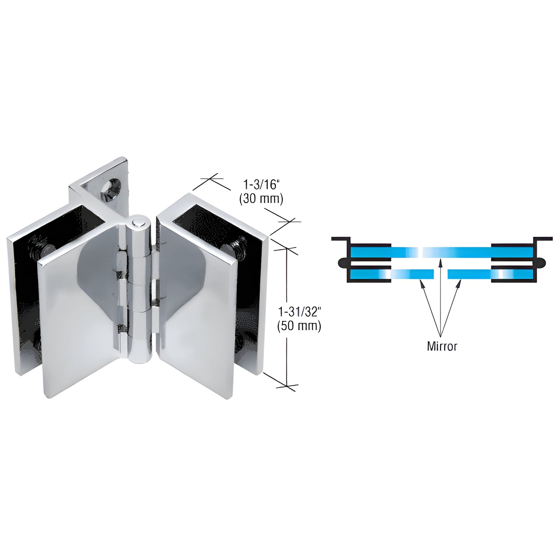 Polished chrome brass frameless triple mirror hinge (EH66), 1-3/16" W x 1-31/32" H, plastic-tipped set screws