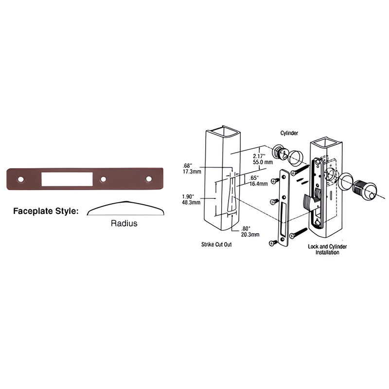 Dark bronze radius deadlock faceplate 1"x6-7/8" DL2132DU, rectangular opening with three mounting holes