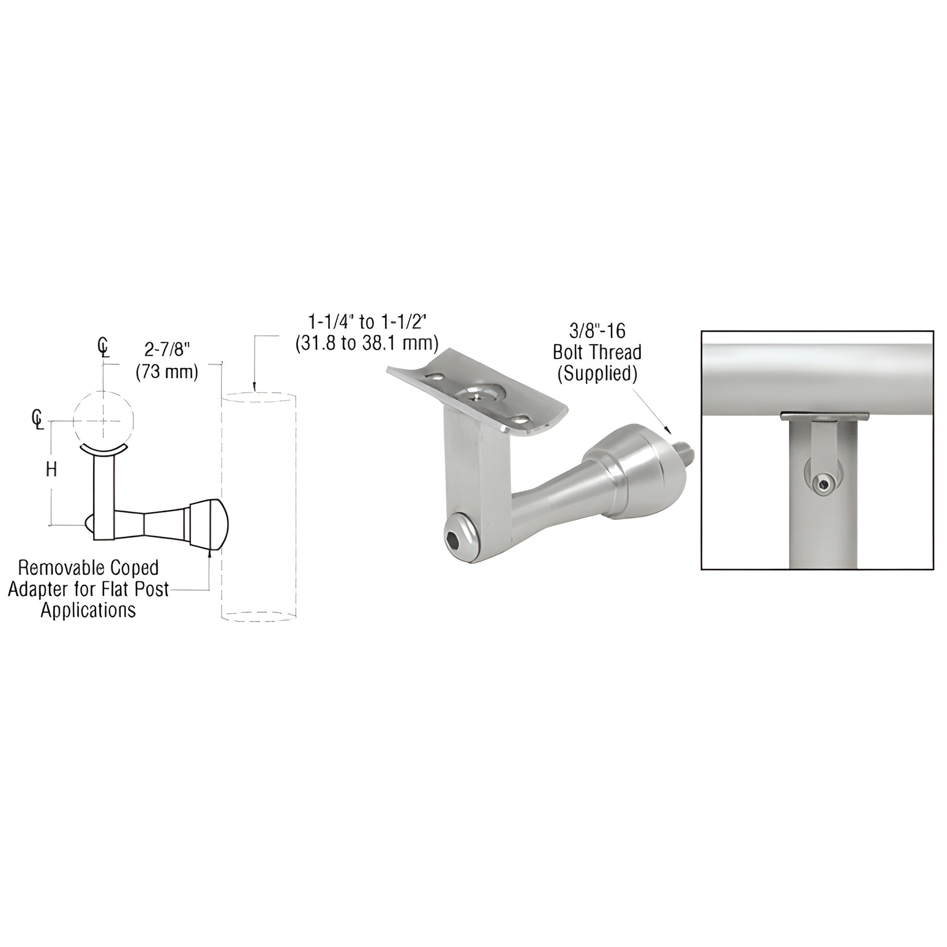 Brushed stainless post-mounted handrail bracket HR2SPBS, adjustable, fits Schedule 40 posts and 1.5-2 in handrail tubing.