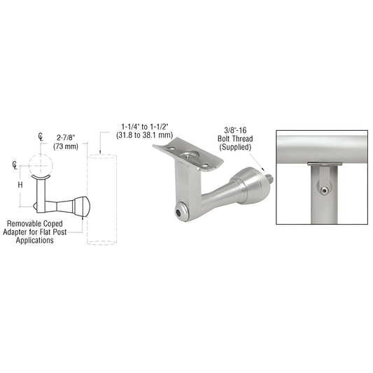 Brushed stainless post-mounted handrail bracket HR2SPBS, adjustable, fits Schedule 40 posts and 1.5-2 in handrail tubing.