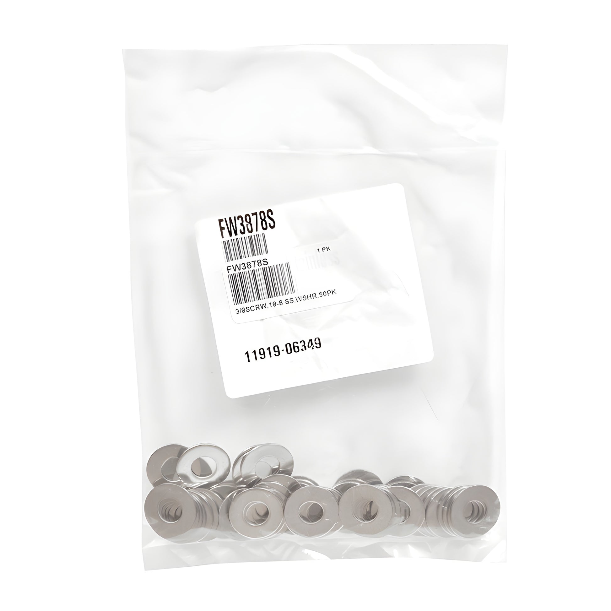 Stainless steel flat washer (FW3878S), round with center hole, fits 0.406" ID standoffs.