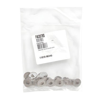 Stainless steel flat washer (FW3878S), round with center hole, fits 0.406" ID standoffs.