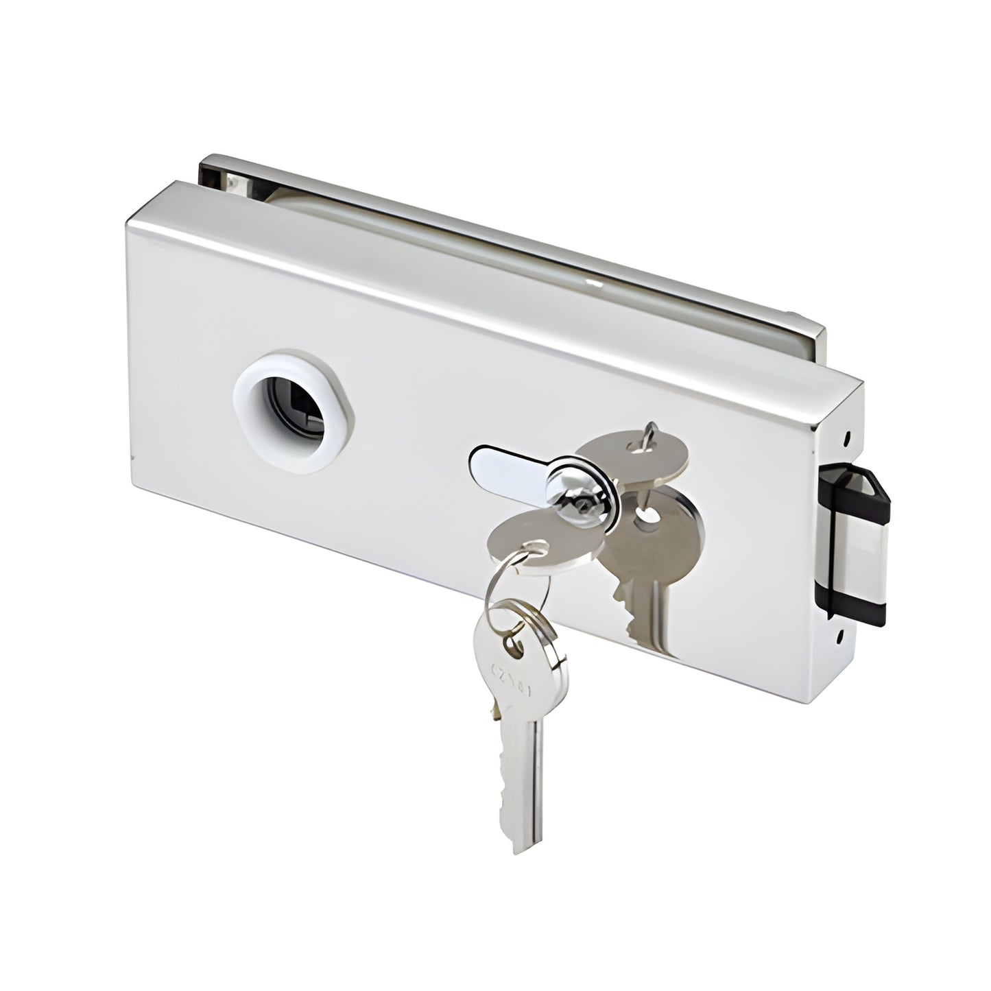 Polished stainless glass-mounted latch PTH313PS for 3/8-1/2 tempered glass doors, slim design with keys and thumbturn.