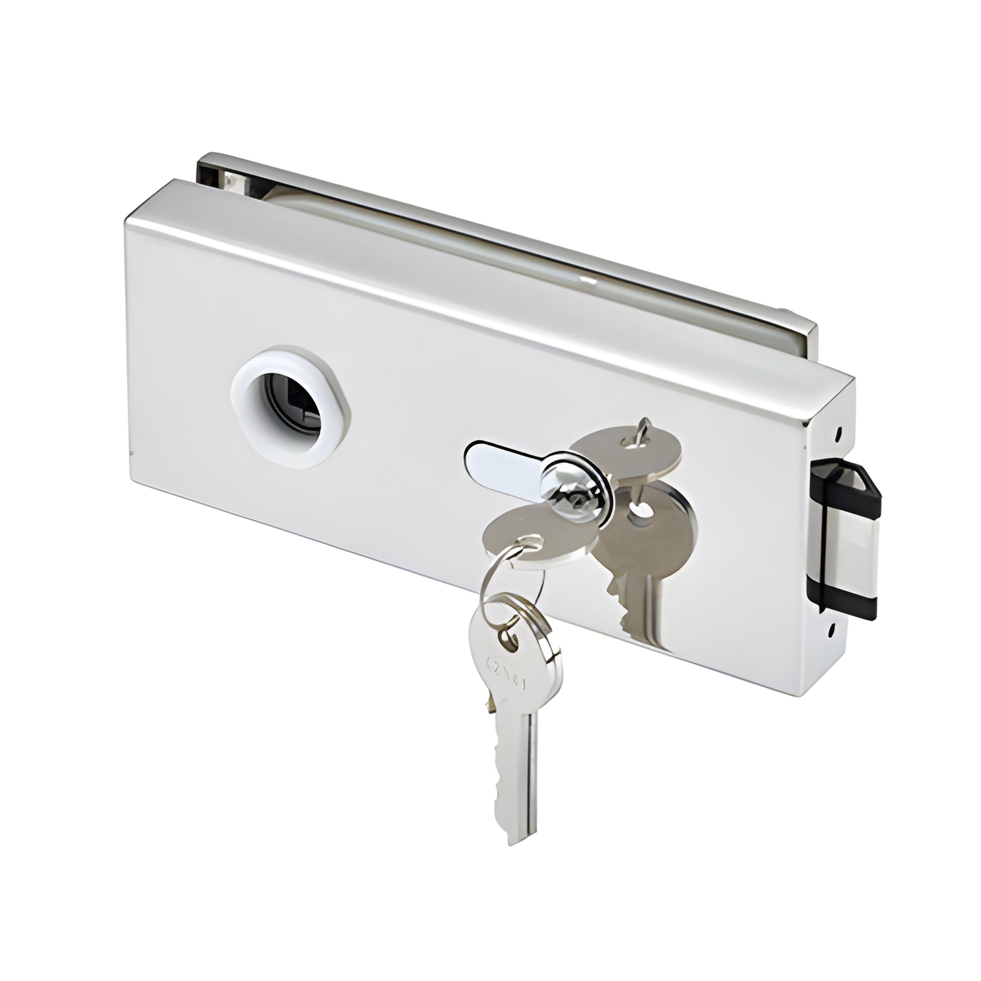 Polished stainless glass-mounted latch PTH313PS for 3/8-1/2 tempered glass doors, slim design with keys and thumbturn.