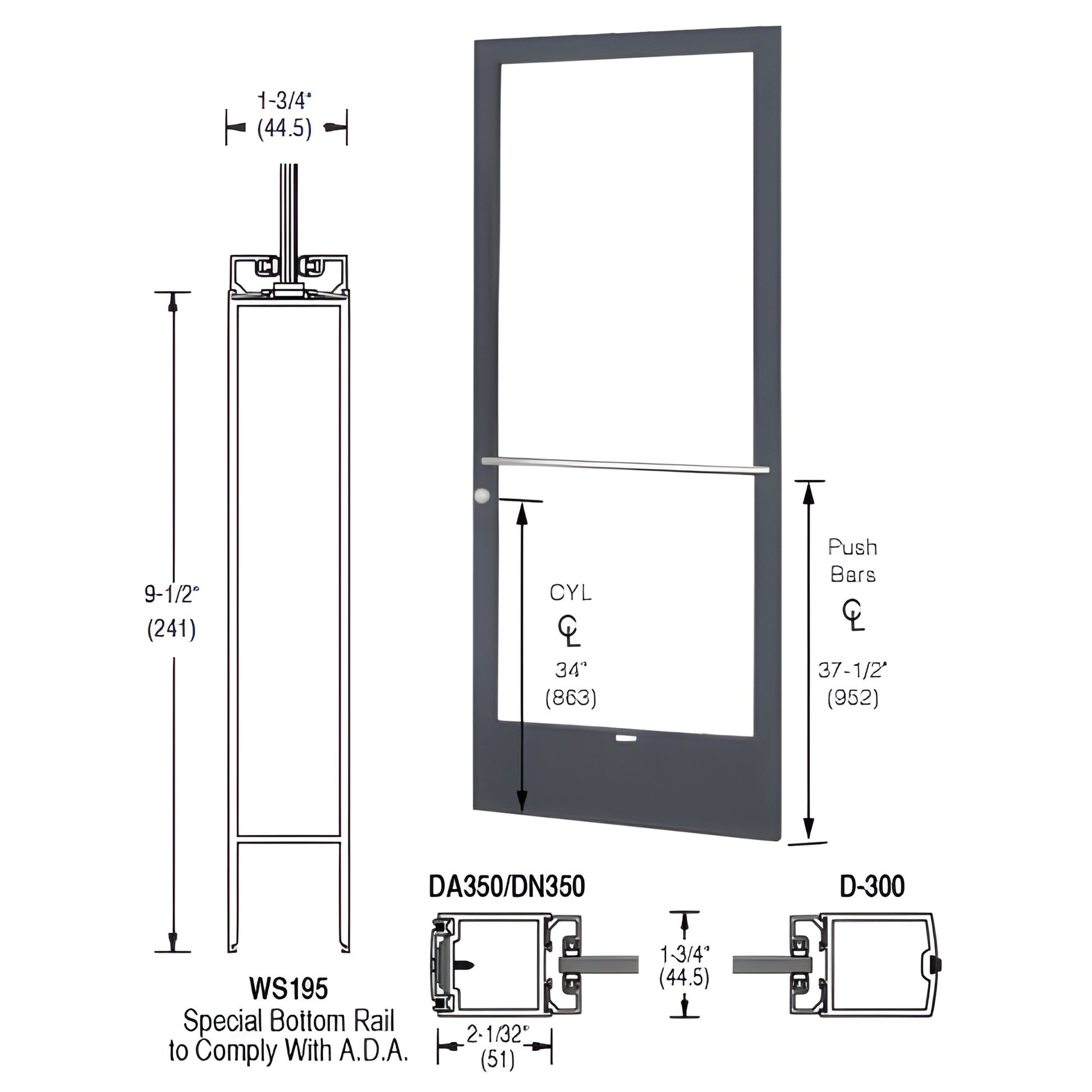 DE22722LA36 - Black Bronze Anodized 36x84 ADA narrow-stile center-hung commercial door, single active leaf.