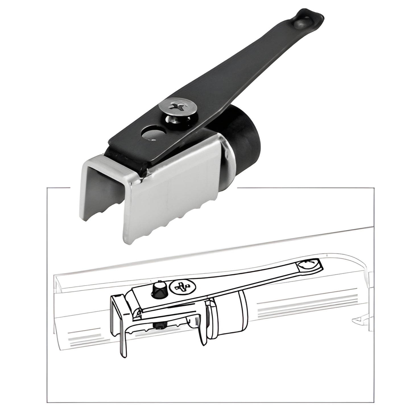 CRL3940 adjustable roller stop for CRL50/51 top track - metal clip with black rubber bumper and lever.