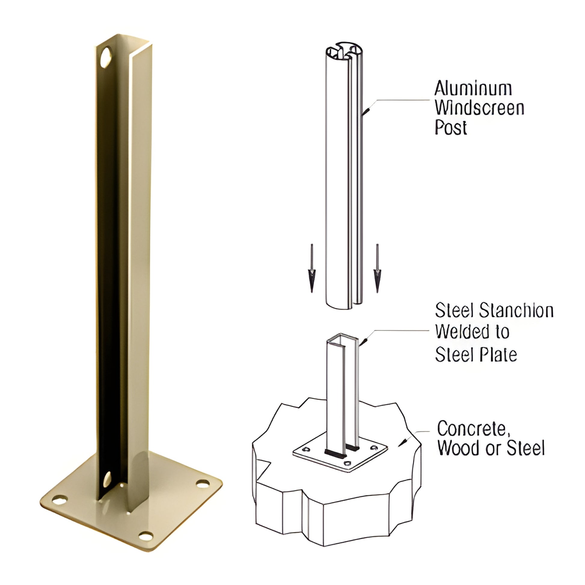 Matte bronze welded steel stanchion with 5" square base plate and 1/2" mounting holes for aluminum posts. SKU PSB1BBRZ