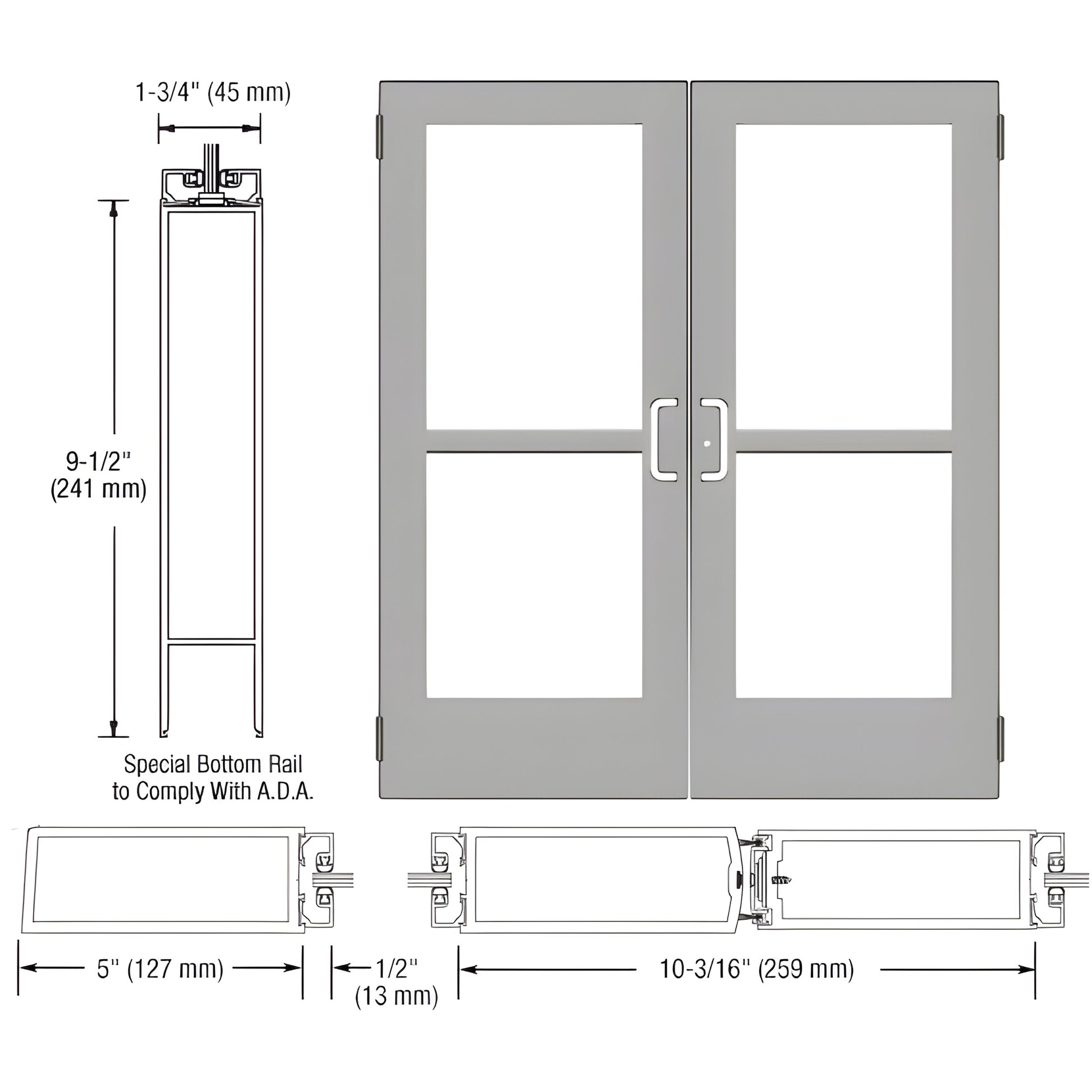 CZ52511 clear anodized double commercial entrance door with 5" stiles, ADA 9-1/2" bottom rail, glass panels, concealed hardwa