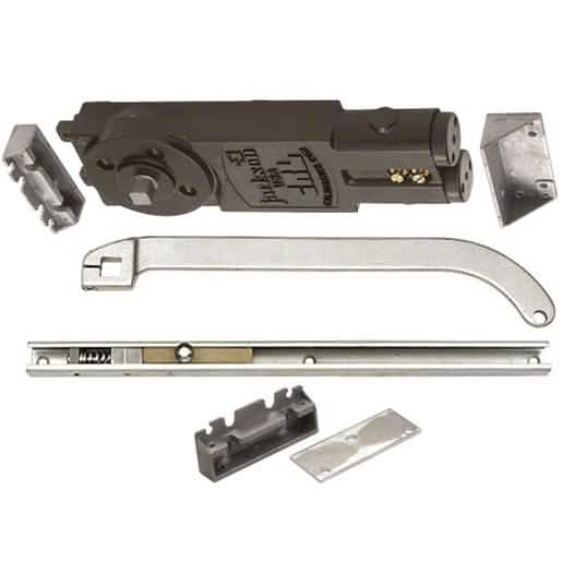 CRL Jackson Satin Aluminum Concealed Closer, 105º Hold Open, Offset Slide-Arm Package