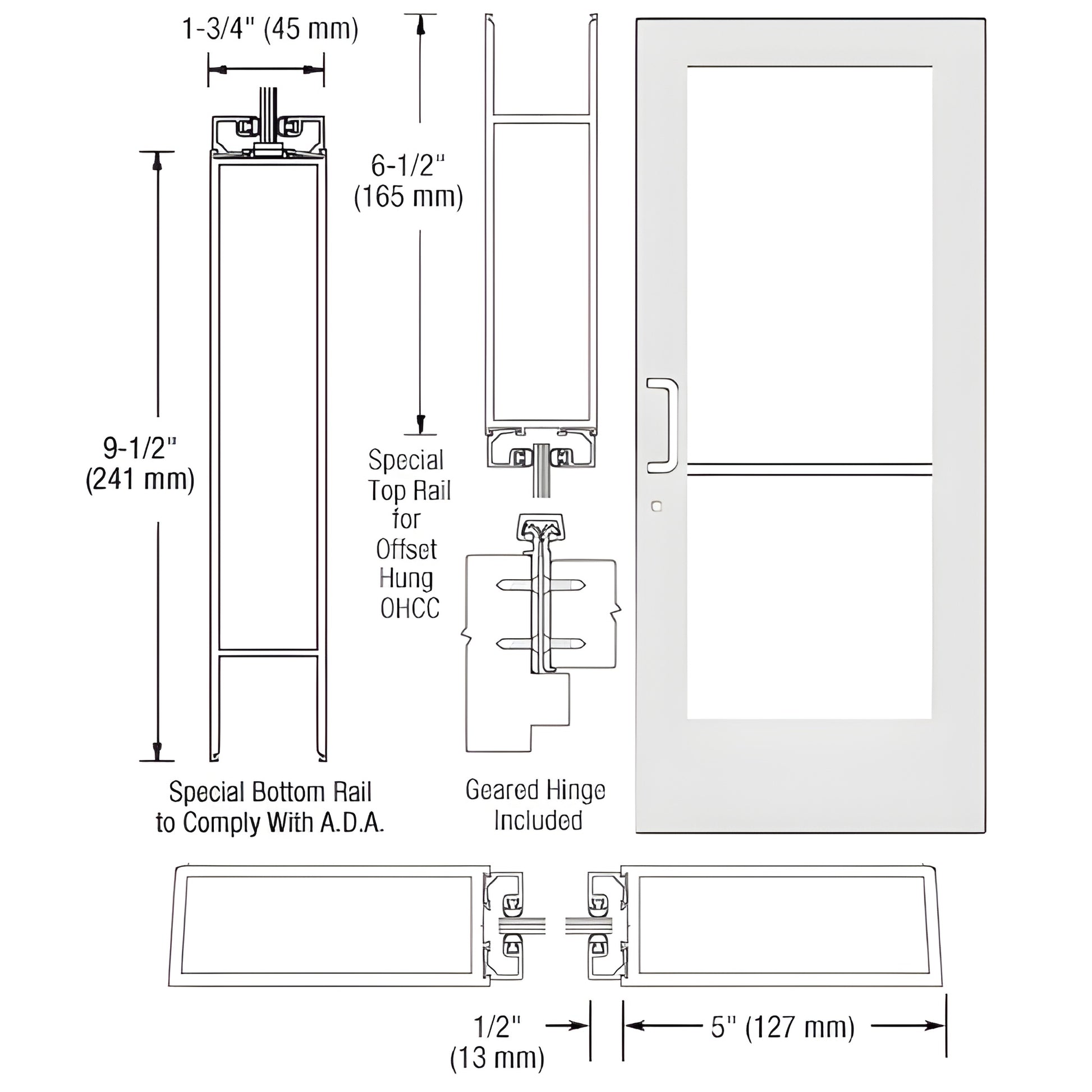 White Kynar wide-stile commercial entrance door, 5" stiles, ADA 9-1/2" bottom rail, fits 1/4" tempered glass. SKU CD51952