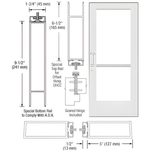 White Kynar wide-stile commercial entrance door, 5" stiles, ADA 9-1/2" bottom rail, fits 1/4" tempered glass. SKU CD51952