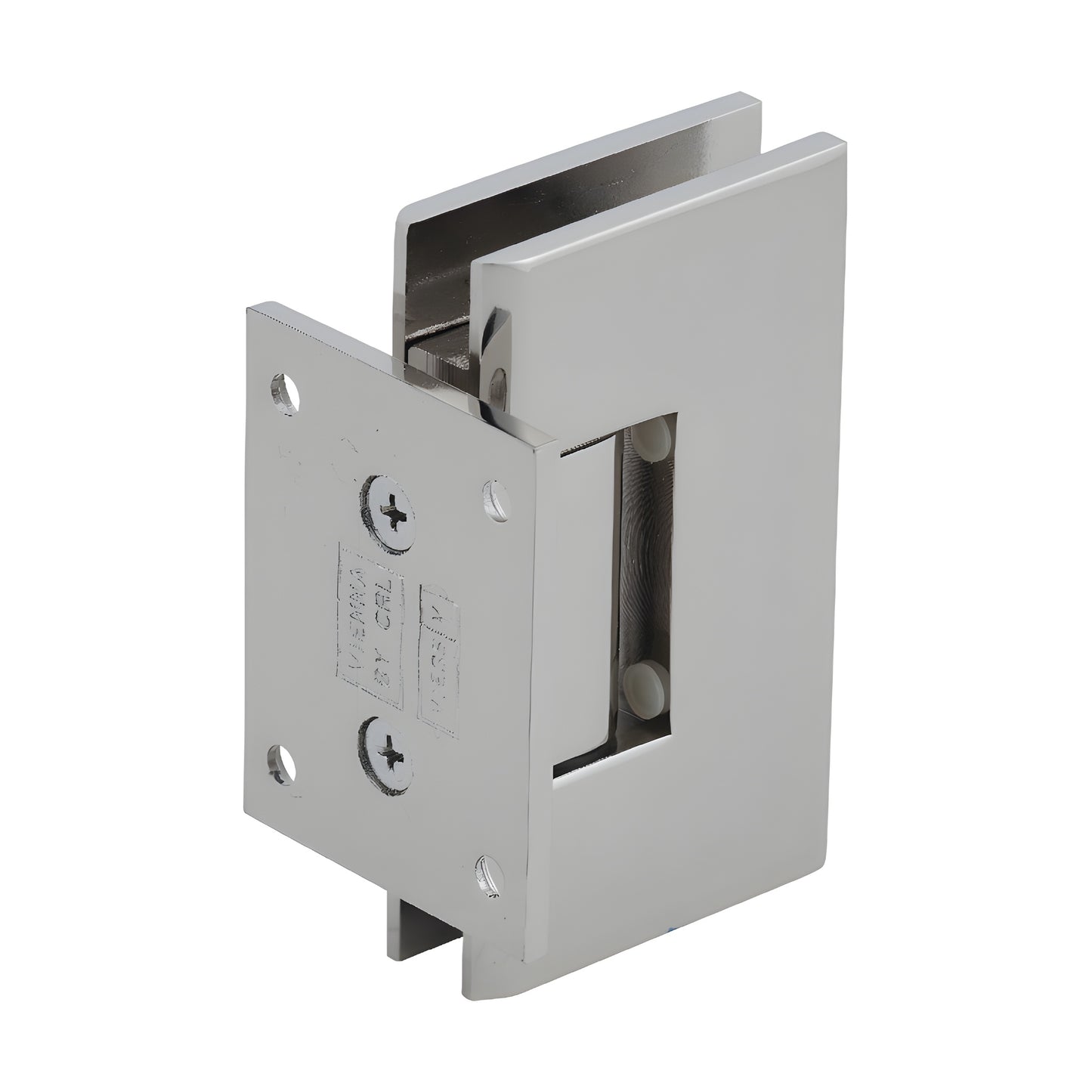 Polished nickel solid brass Vienna shower door hinge with short back plate, squared design for 3/8-1/2" glass