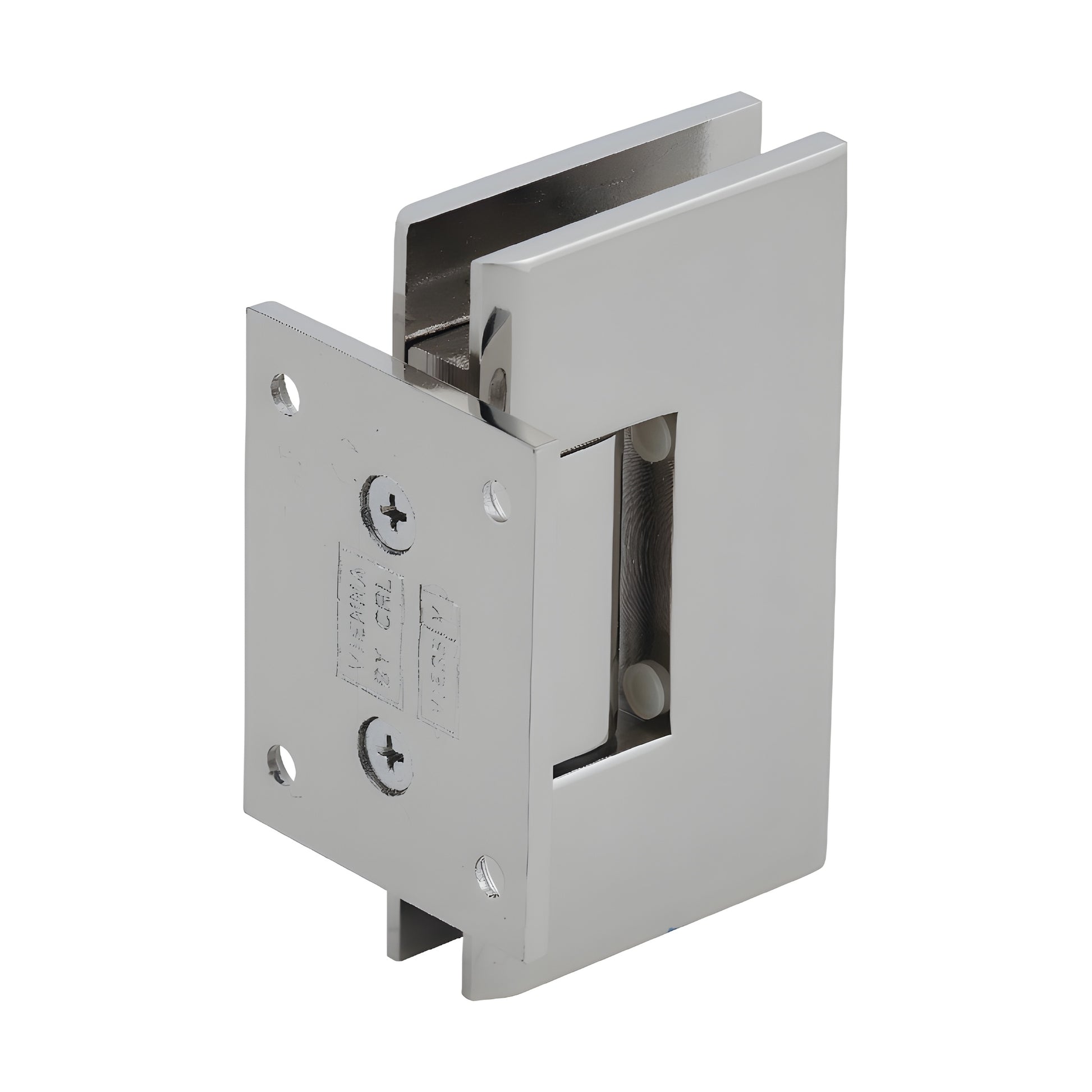Polished nickel solid brass Vienna shower door hinge with short back plate, squared design for 3/8-1/2" glass