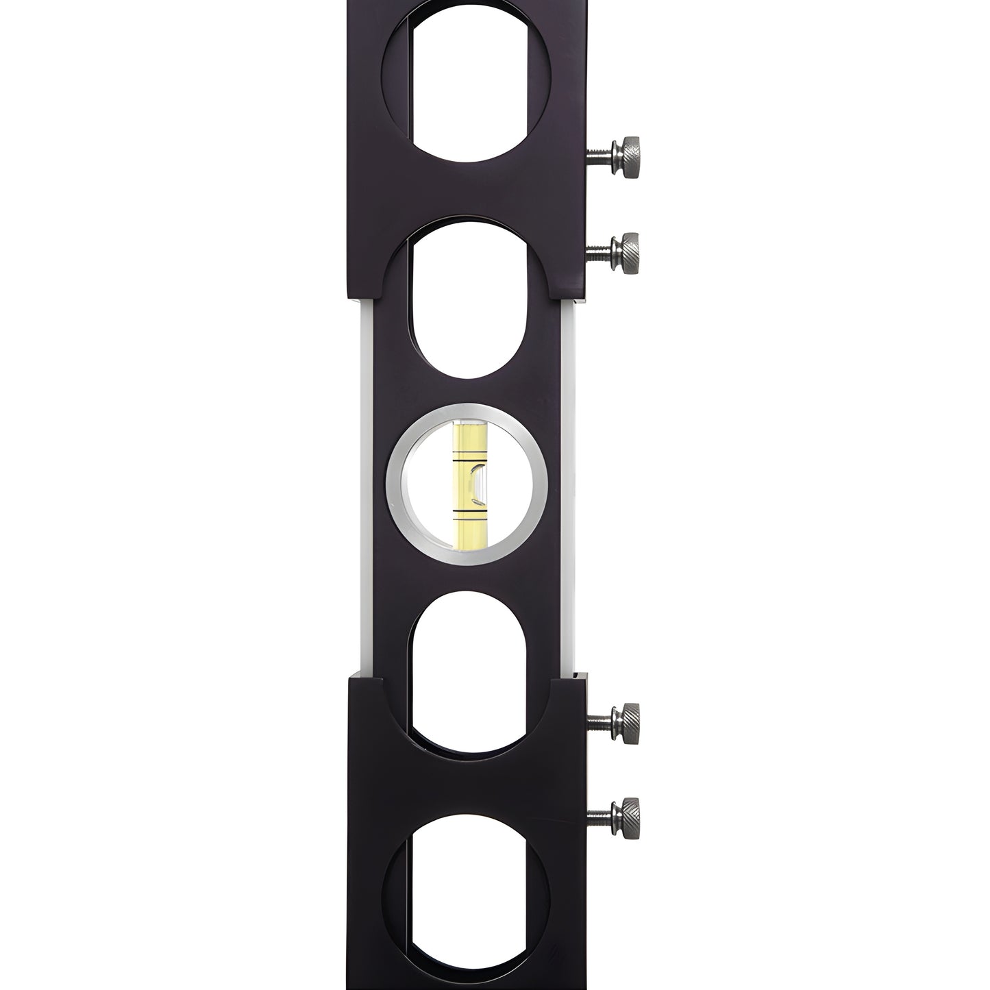 PPL98 expanding plumb level, black vertical tool with center spirit vial, sliding aluminum rails and knurled lock screws