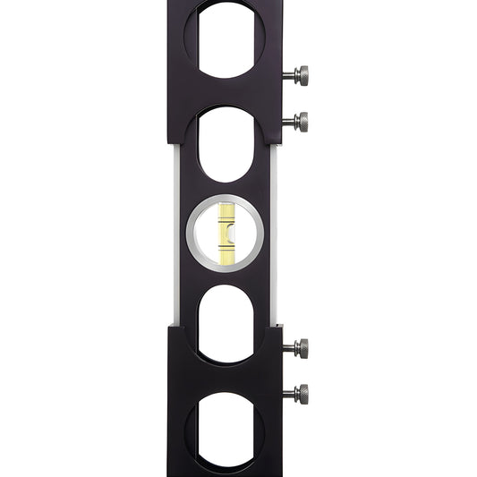 PPL98 expanding plumb level, black vertical tool with center spirit vial, sliding aluminum rails and knurled lock screws