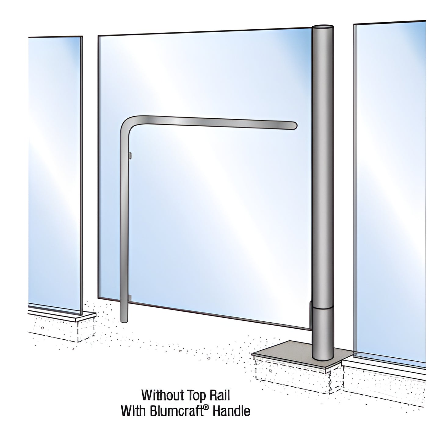 Brushed stainless free standing glass gate post with tempered glass gate and Blumcraft handle (no top rail)