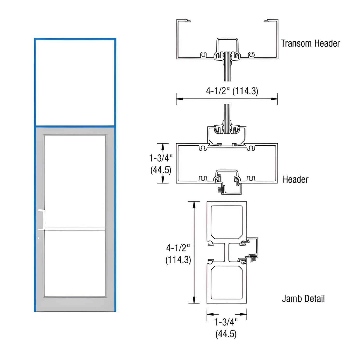 FD31571 aluminum transom door frame with transom, 36 84 door opening, 391 2 126 base, 1-3/4" 4-1/2" jamb profile.