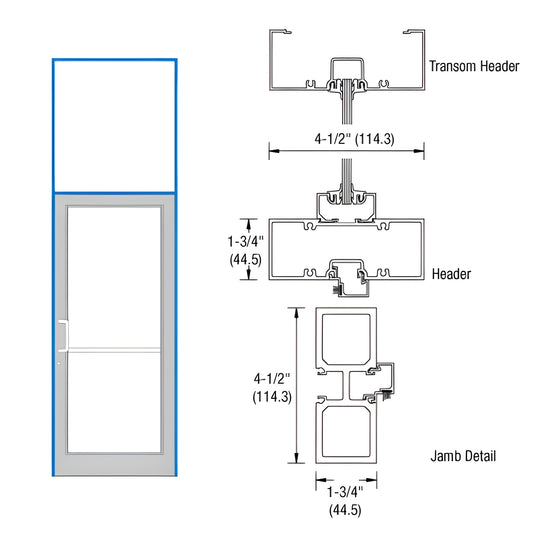 FD31571 aluminum transom door frame with transom, 36 84 door opening, 391 2 126 base, 1-3/4" 4-1/2" jamb profile.