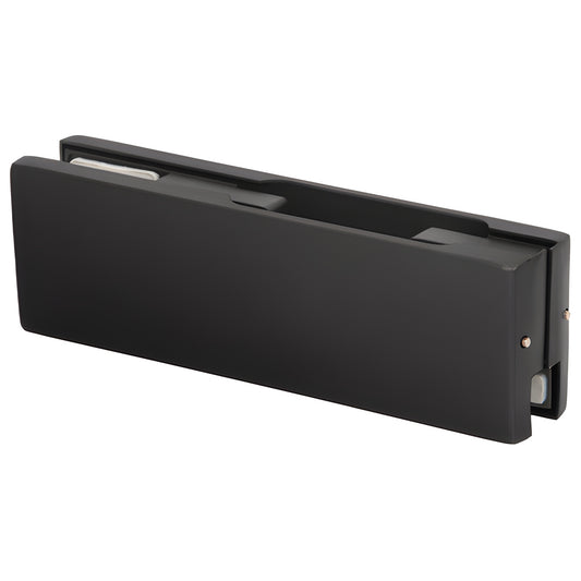 Matte black CRL top/bottom door patch fitting (AMR201MBL) for 3/8-1/2" glass, cast body, no insert.