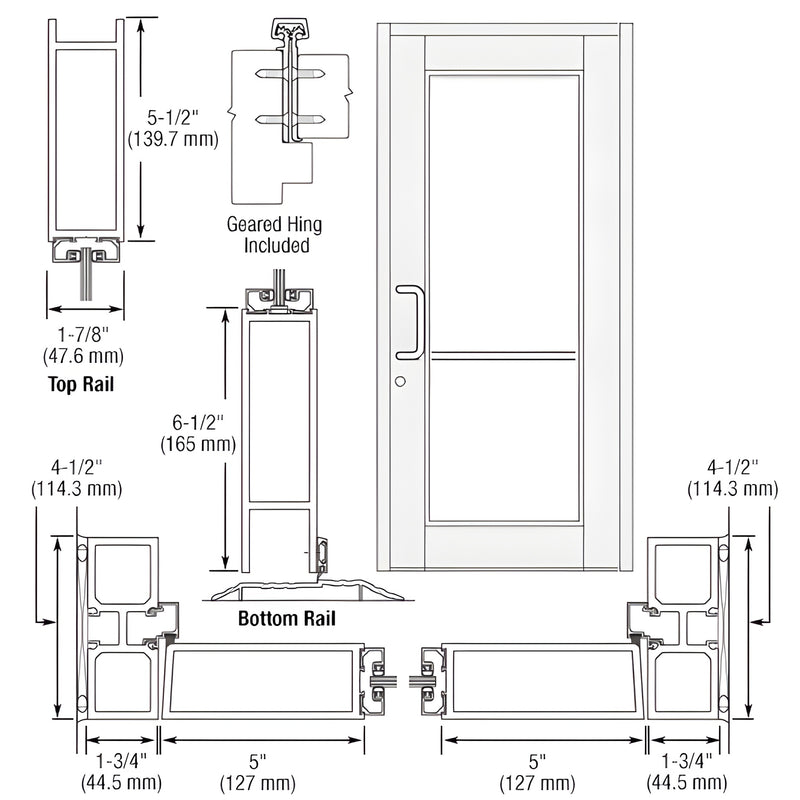 Durafront WS entrance door DC91852, White Kynar; 5" stiles, 5-1/2" top rail, 6-1/2" bottom rail, hardware-ready.