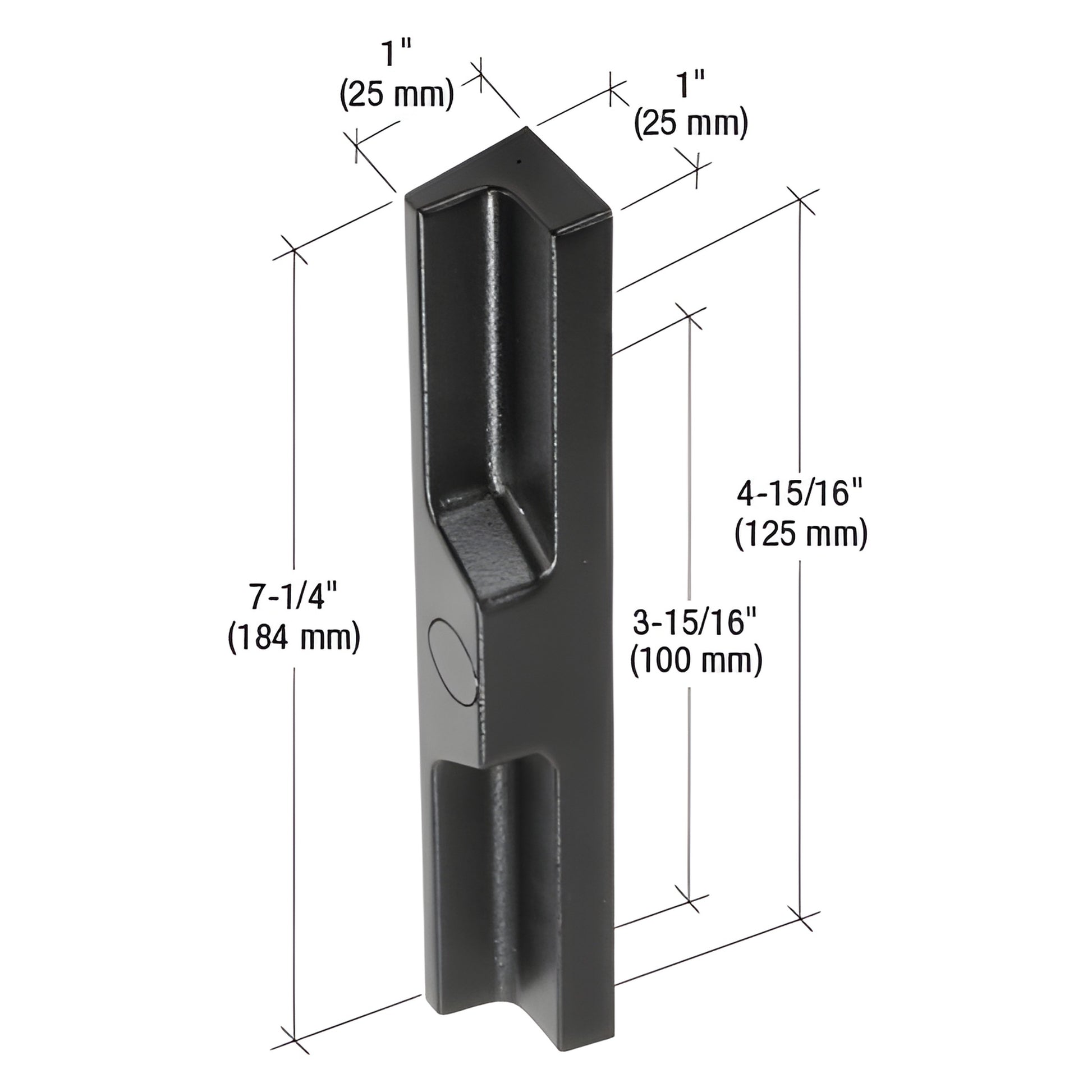 Black plastic outside pull, SKU C1097 - 7-1/4" long, fits 3-15/16" (100mm) and 4-15/16" (125mm) hole spacing.
