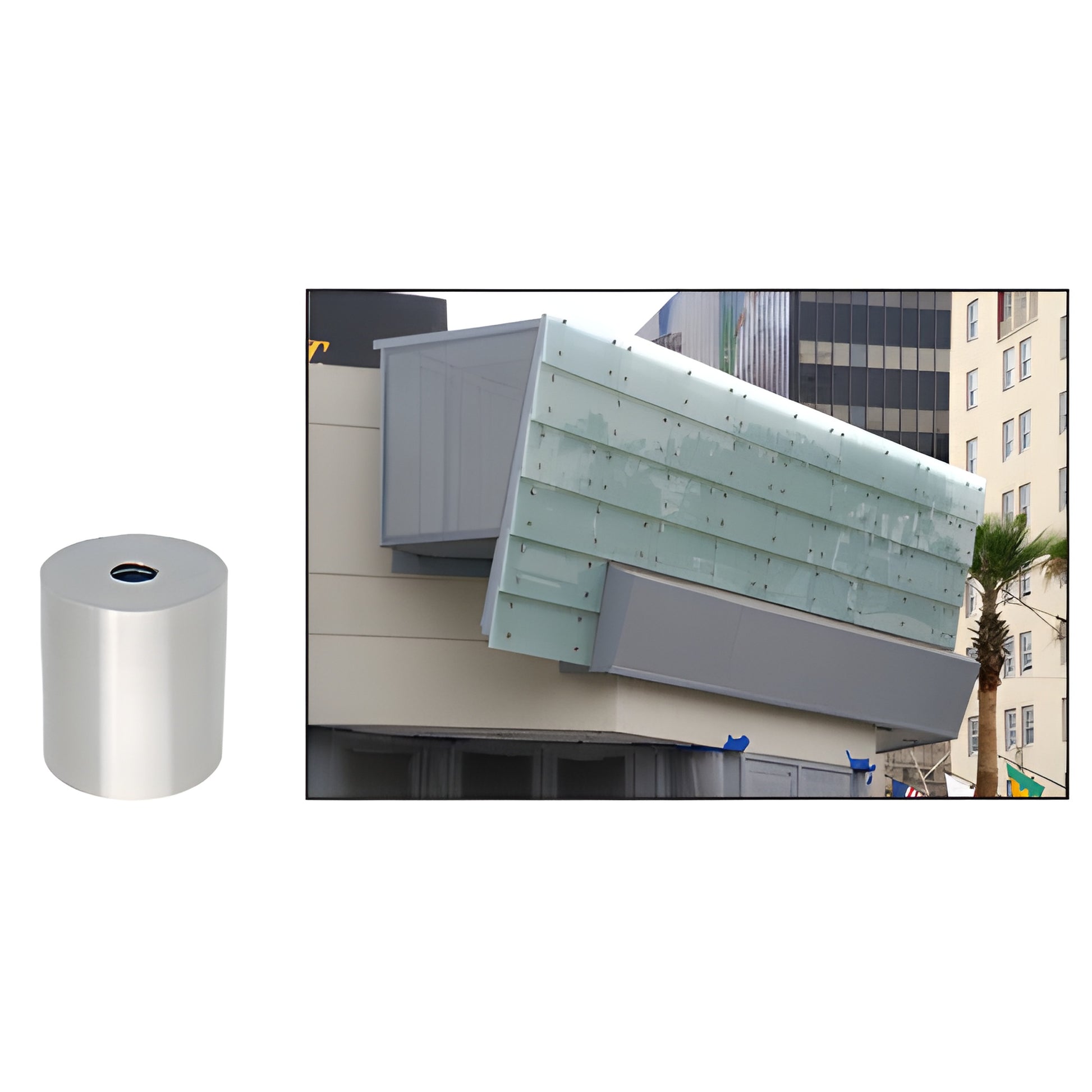 Brushed 1-1/2 316 stainless standoff (3/8-16) shown with modern glass panel storefront installation.