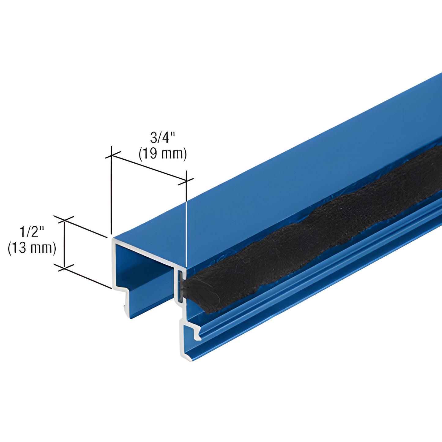 Blue extruded aluminum interlocking profile with black weatherstrip, 3/4 1/2 in (19 13 mm), SKU DS04071