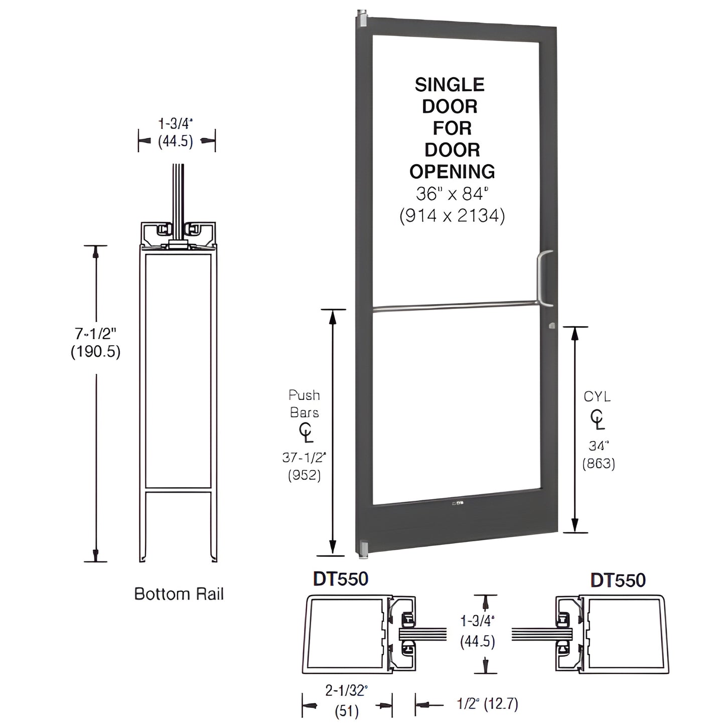 36x84 black bronze anodized storefront single door frame with 7-1/2" bottom rail for 1" glass (SKU 1HE21222R036)