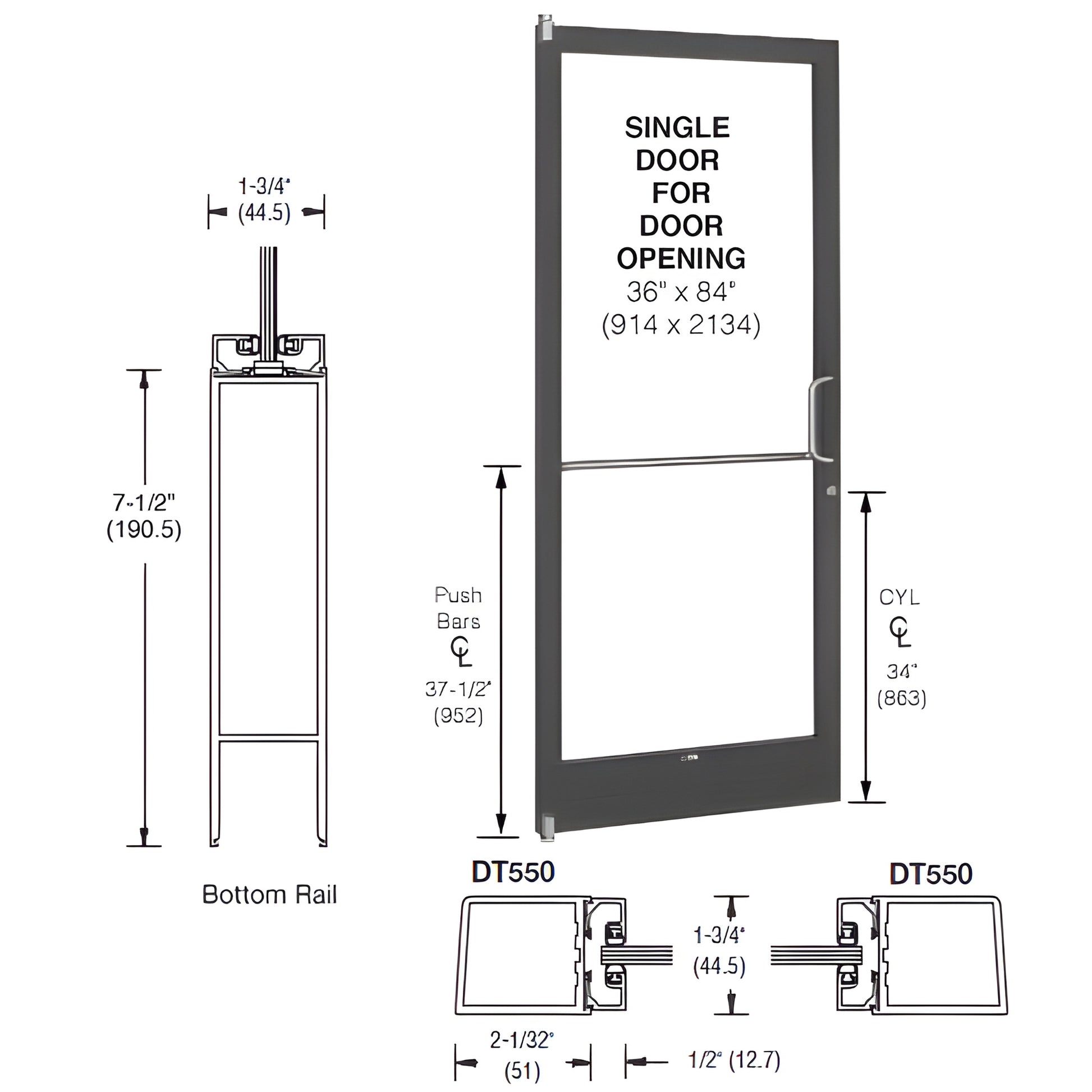 36x84 black bronze anodized storefront single door frame with 7-1/2" bottom rail for 1" glass (SKU 1HE21222R036)