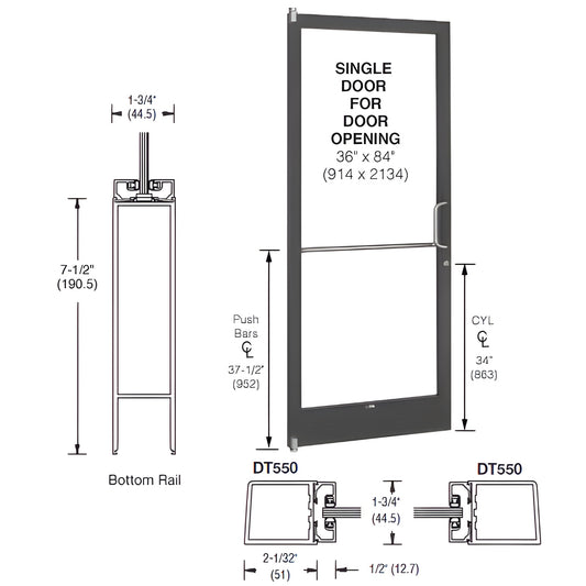 36x84 black bronze anodized storefront single door frame with 7-1/2" bottom rail for 1" glass (SKU 1HE21222R036)