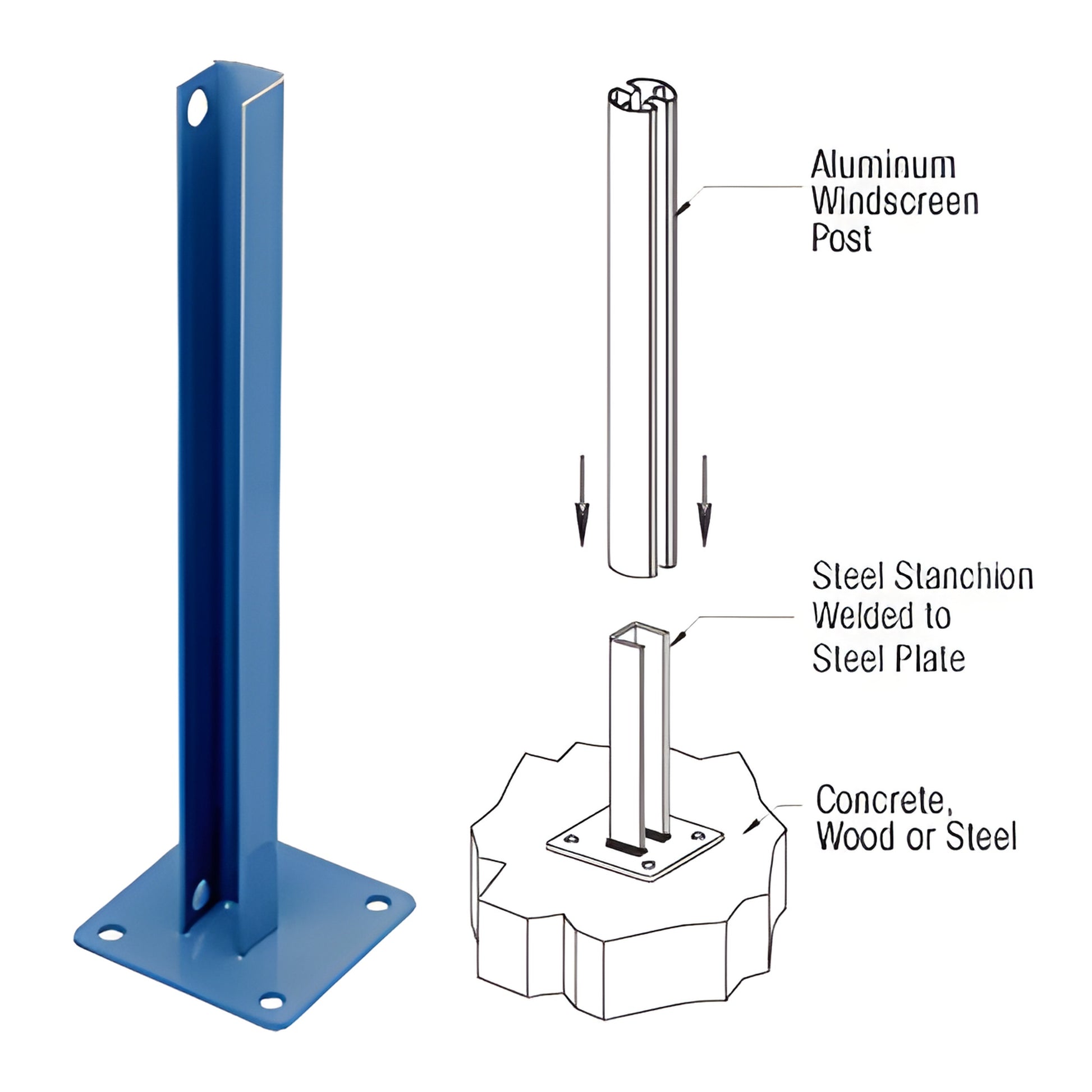 Powder-coated welded steel stanchion with surface-mount base plate for aluminum posts, blue finish - SKU PSB1CC