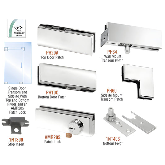 PHA4LPS polished stainless glass door pivot kit with top/bottom patches, transom and sidelite patches, lock, pivot.