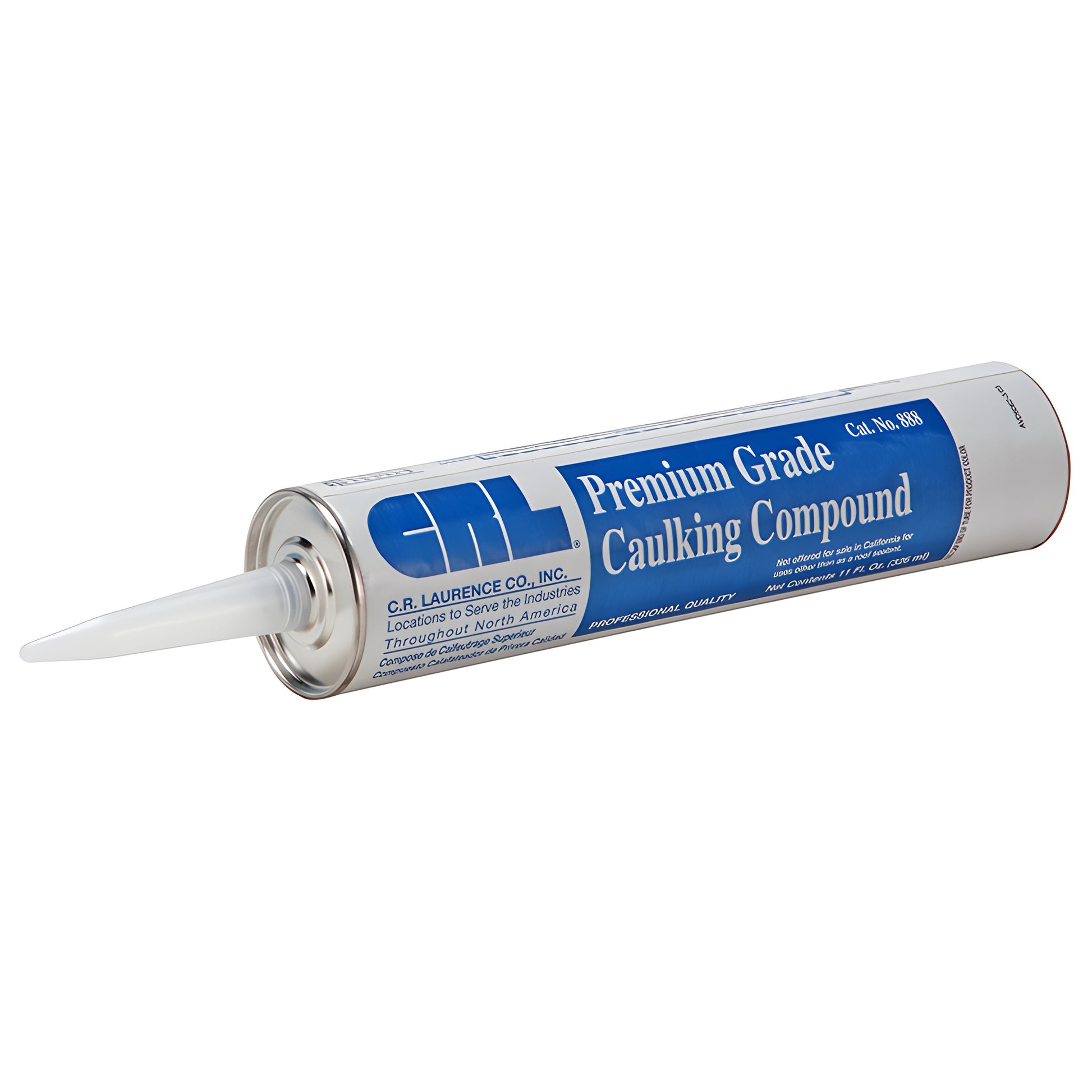 CRL 888W 11 oz white butyl caulking tube with nozzle, blue label 'Premium Grade Caulking Compound'.