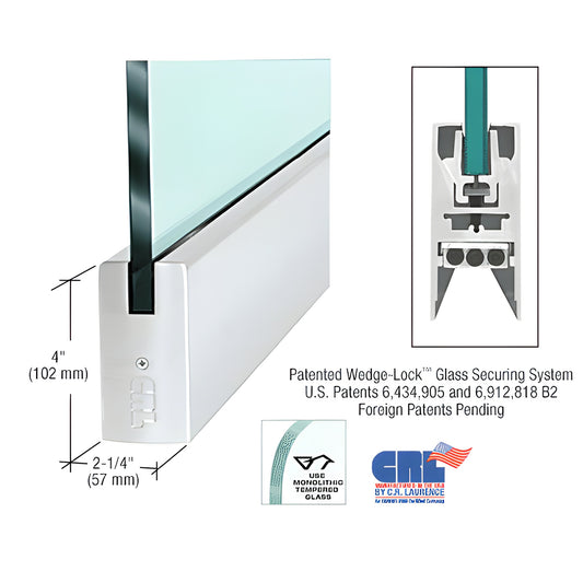 Satin anodized aluminum 4" square door rail (35 3/4") for 5/8" glass with patented Wedge Lock glass securing system.