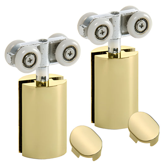 HYD01BR Hydroslide polished brass sliding glass door hanger kit with dual nylon rollers and snap-in screw covers