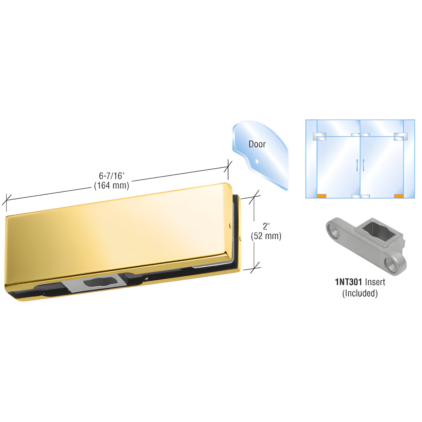 Polished brass CRL bottom door patch fitting PH11CBR for 3/8-1/2" glass, includes 1NT301 insert, 2-9/16" pivot setback.